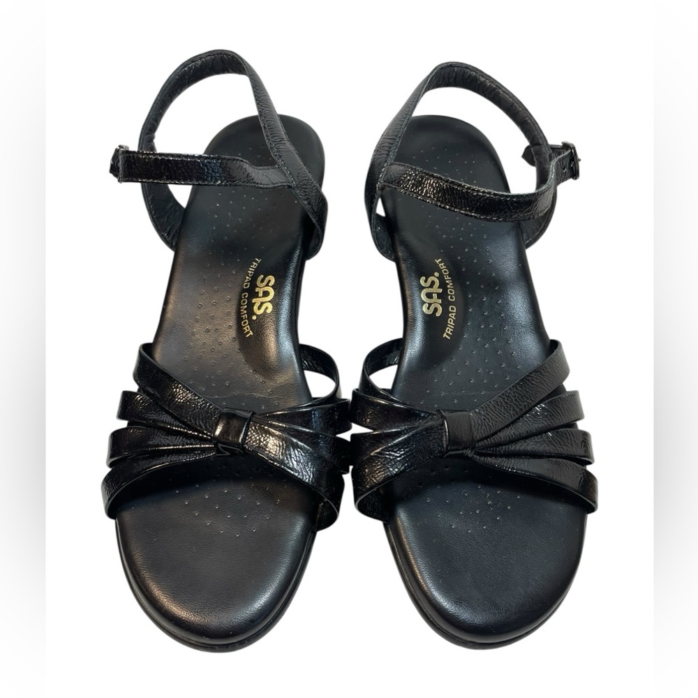 SAS Strappy Quarter Strap Wedge Sandals Made USA Black Leather Womens Size 9.5W
